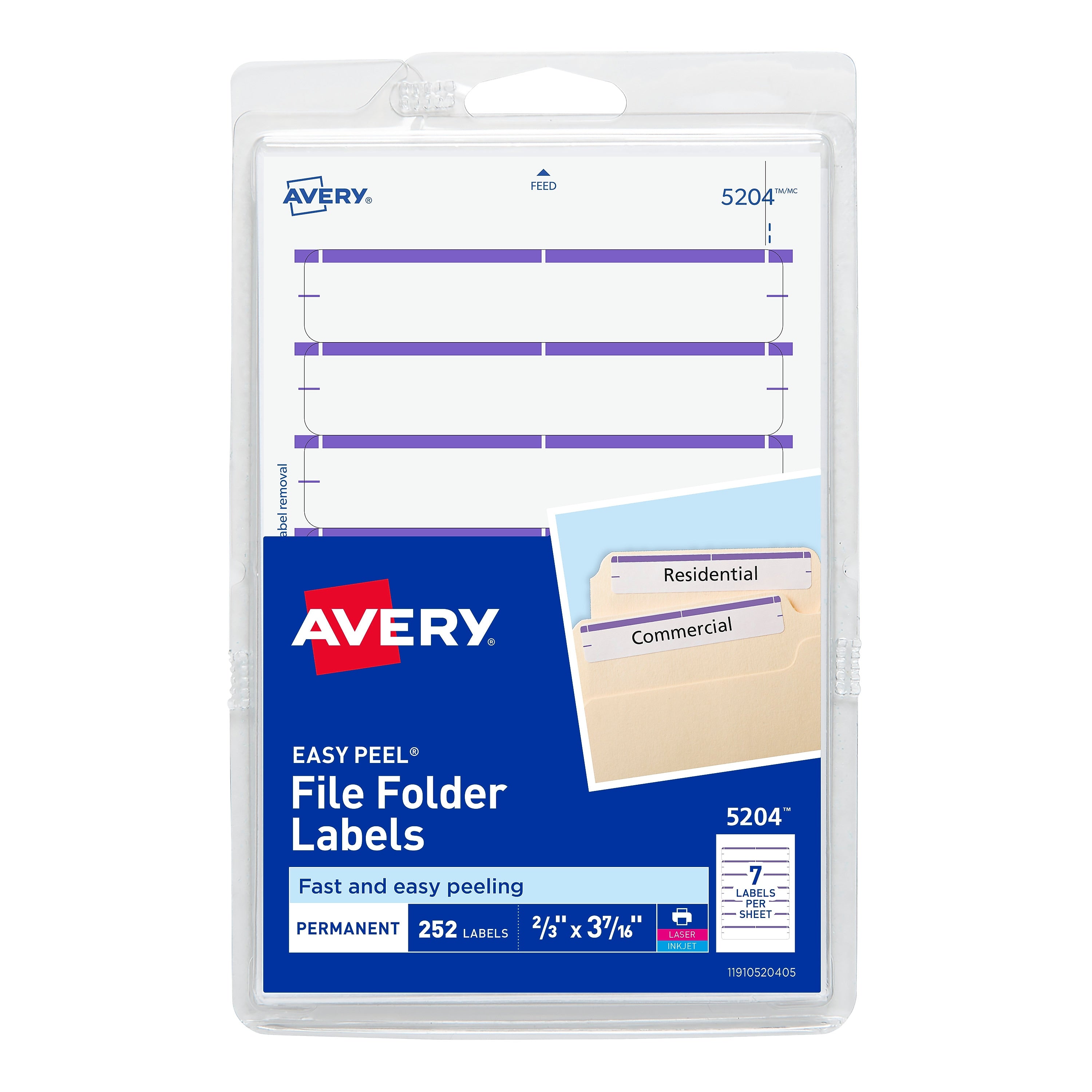 Avery Easy Peel Laser/Inkjet File Folder Labels on 4" x 6" Sheets, 2/3" x 3-7/16", White/Purple, 252 Labels/Pack (5204)