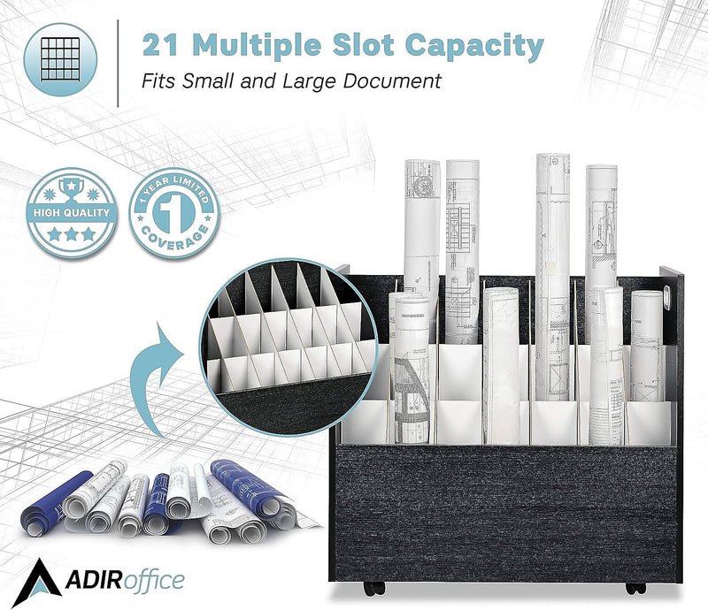AdirOffice 21-Slot Mobile Roll File, 28.5"H x 30"W x 15.75"D, Black (625-BLK-KIT1)