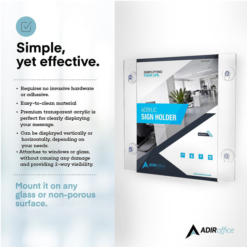 AdirOffice Window Sign Holder, 8.5" x 11", Vertical/Horizontal, Side Loading, Clear Acrylic, 24/Pack (639-8511-WSH-24)