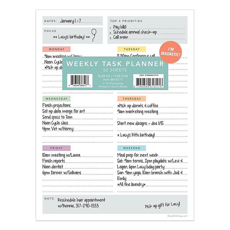 TF Publishing WeeklyTask Pad 6" x 8" Weekly Planner, Paperboard Cover, Multicolored (99-6777)