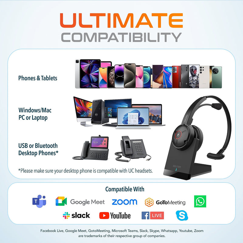 Delton 50X Pro Wireless Noise Canceling Bluetooth Mono Computer On-Ear Headset, Black (DBTHEAD50XBTDL)