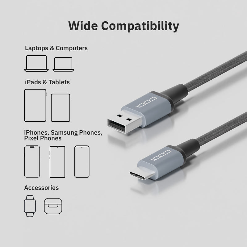 CODi 3' USB-A to USB-C Braided Nylon Charge & Sync Cable, Black (A01100)