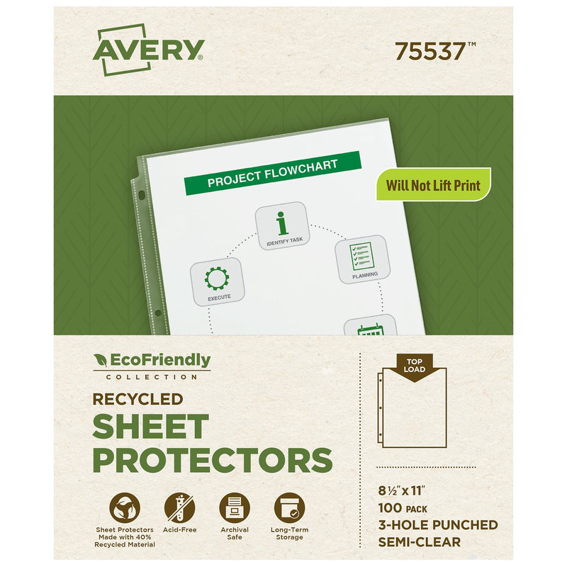 Avery EcoFriendly Recycled Economy Sheet Protectors, 8.5" x 11", Semi-Clear, 100/Pack (75537)
