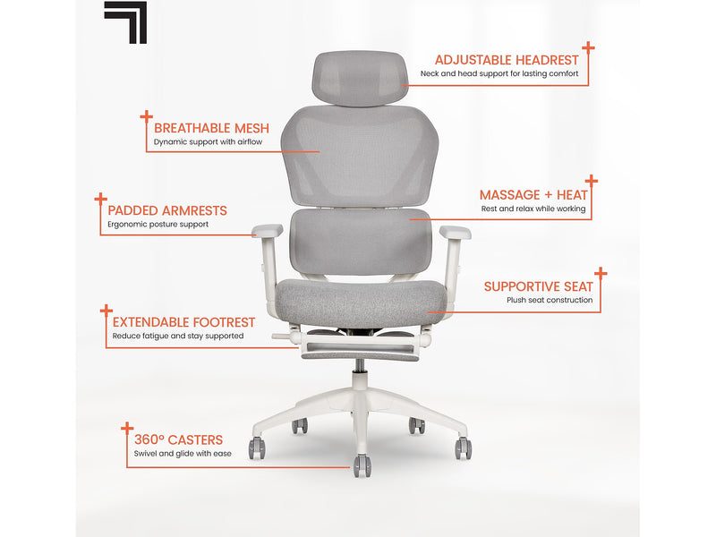 Sharper Image S-850 Heated Ergonomic Mesh Swivel Executive Massage Chair, Light Gray/White (60106-LGRYWHT)