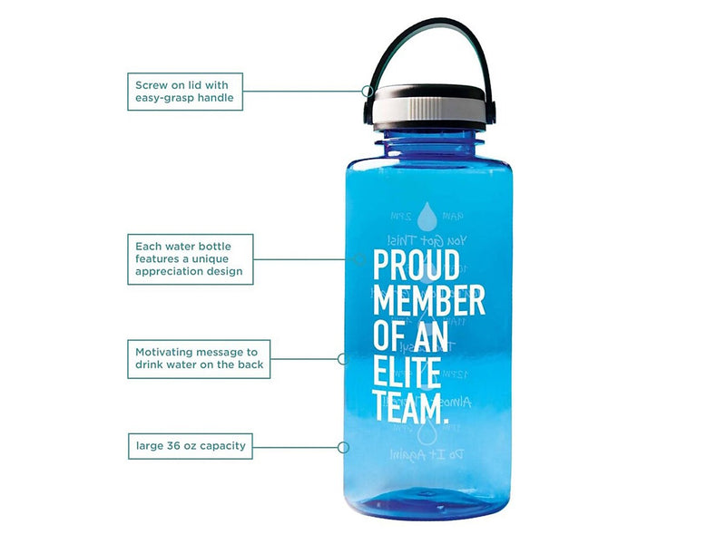 Baudville Drink it Up! "Proud Member" Plastic Water Bottle, 36 oz., Blue, 2/Pack (1396375P231)