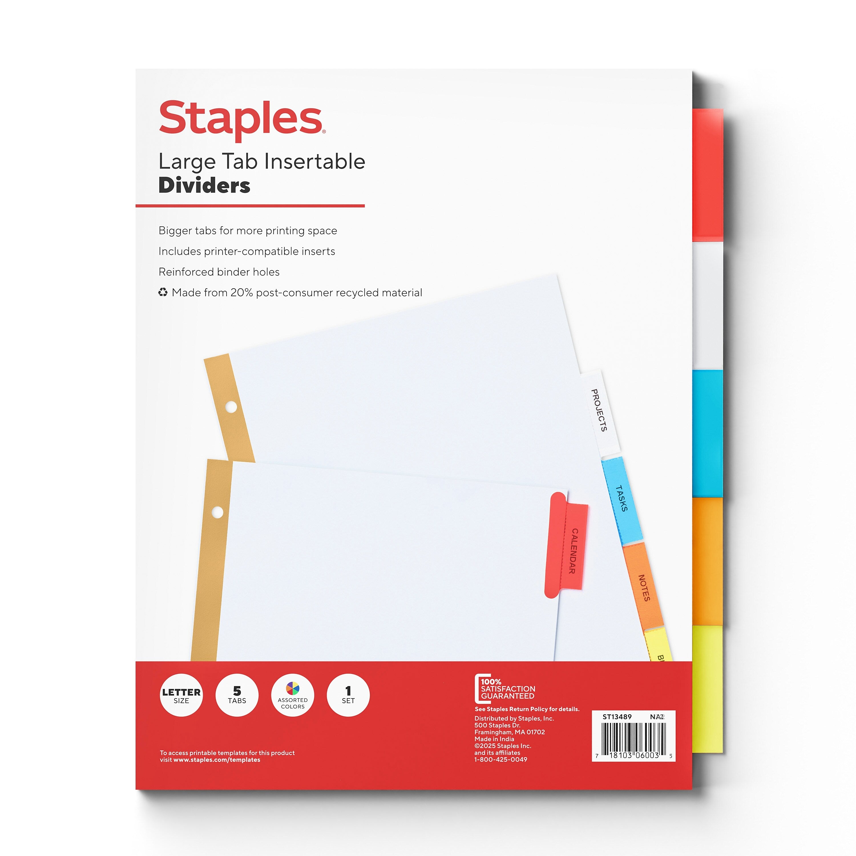 Staples Large Tab Insertable Paper Dividers, Assorted Colors, 5-Tabs (13489/11121)
