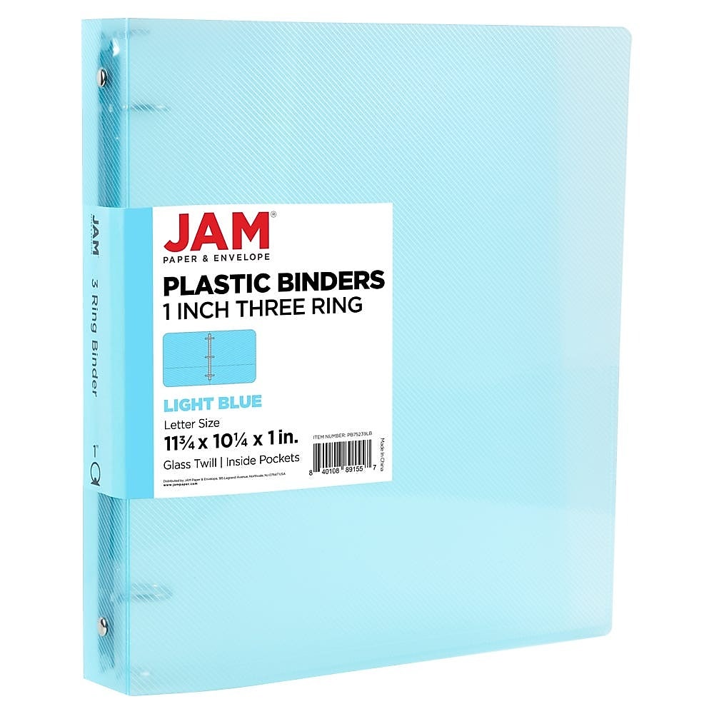 JAM Paper 1" 3-Ring Flexible Poly Binder, Light Blue (PB75239LB)
