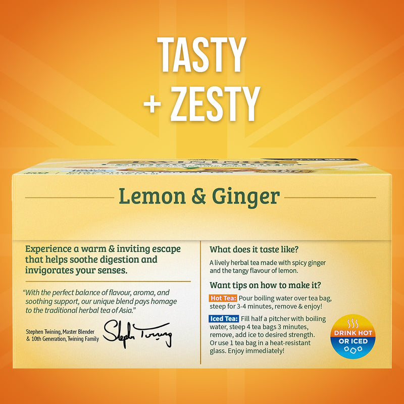 Twinings Lemon and Ginger Herbal Caffeine Free Tea Bags, 50/Box (F14990)