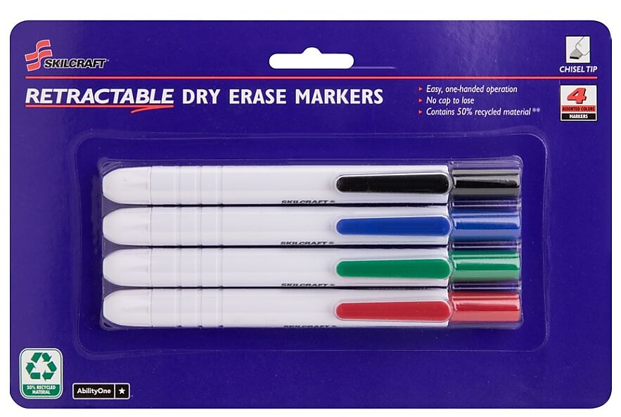 AbilityOne SKILCRAFT Dry Erase Markers, Retractable Chisel Tip, Assorted Marker Colors, Set of 4 (7520015195769)