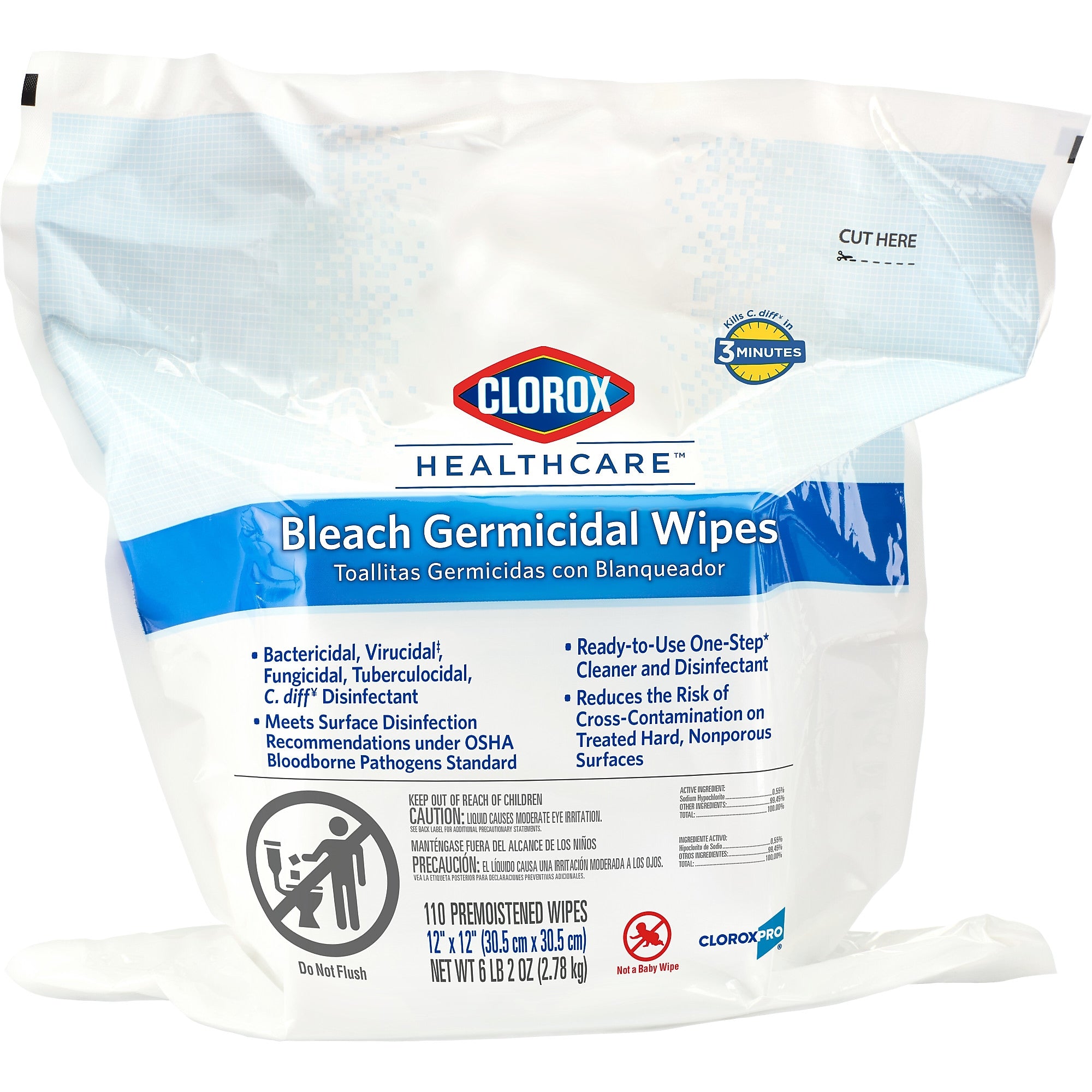 Clorox Healthcare Bleach Germicidal Wipes Refill, 110 Wipes/Container (30359)