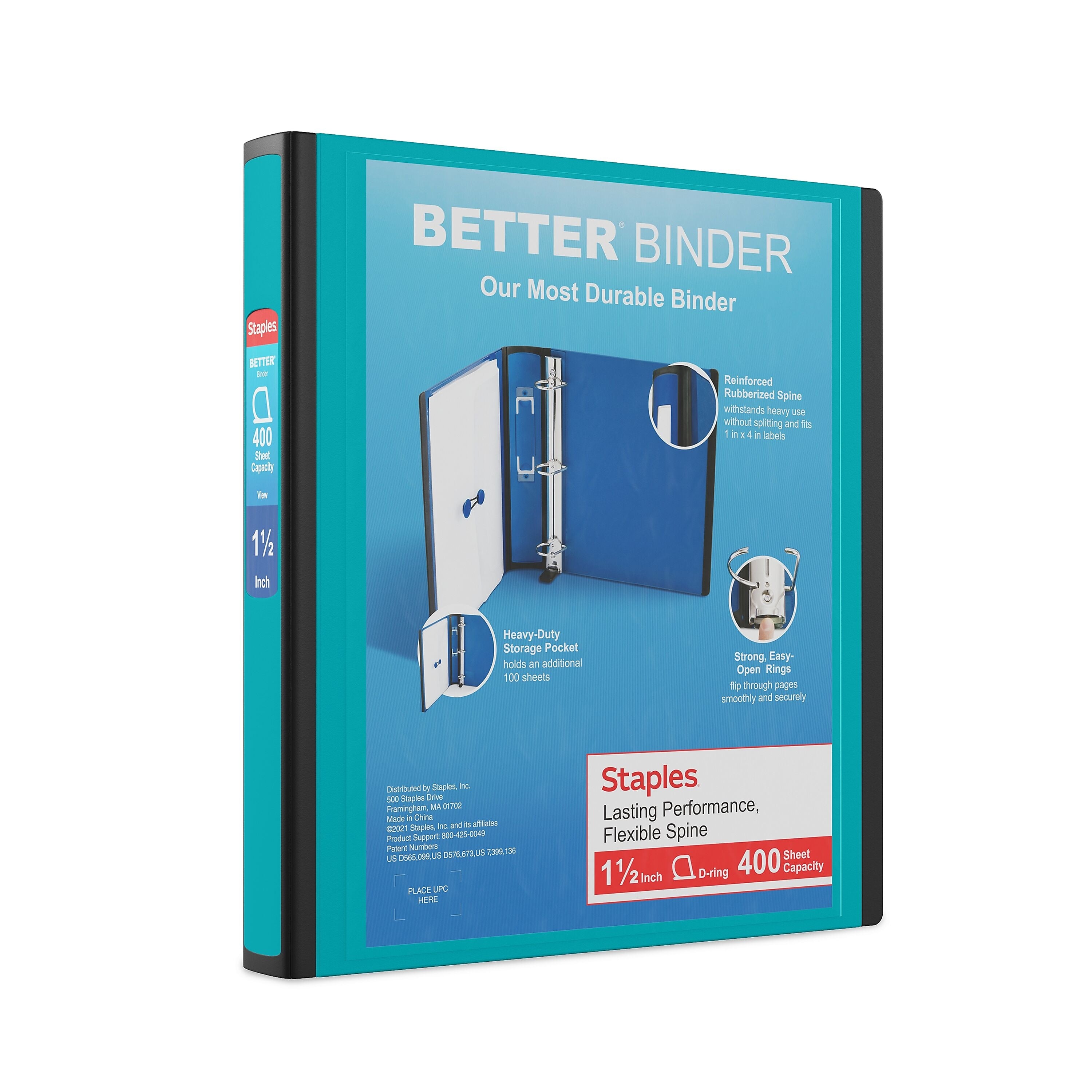 Staples 1 1/2" 3-Ring Better Binder, D-Ring, Teal (ST55858-CC)
