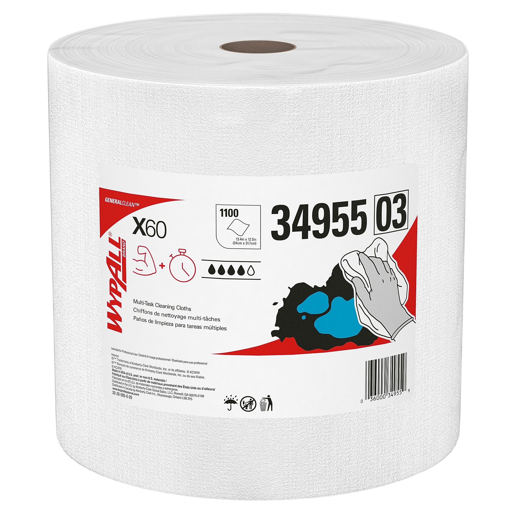 WypAll X60 Nylon Cleaning Wipers, 13.4" x 12.5", White, 1100 Sheets/Roll, 1100 Wipers/Box (KCC34955)