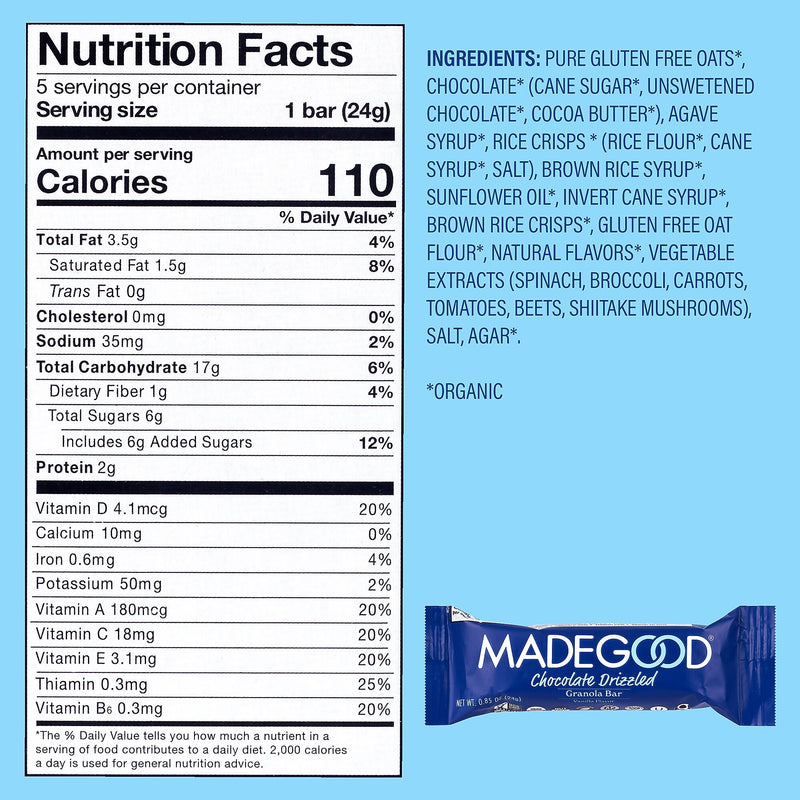 Madegood Gluten Free Chocolate Drizzled Vanilla Granola Bars, 0.85 oz., 5/Box, 6 Boxes/Pack (307-00427)