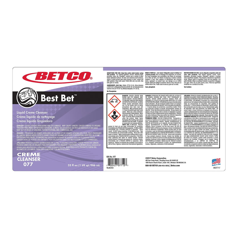 Betco Best Bet Abrasive Creme Cleanser, 32 oz., 12 Bottles/Carton (771200X)