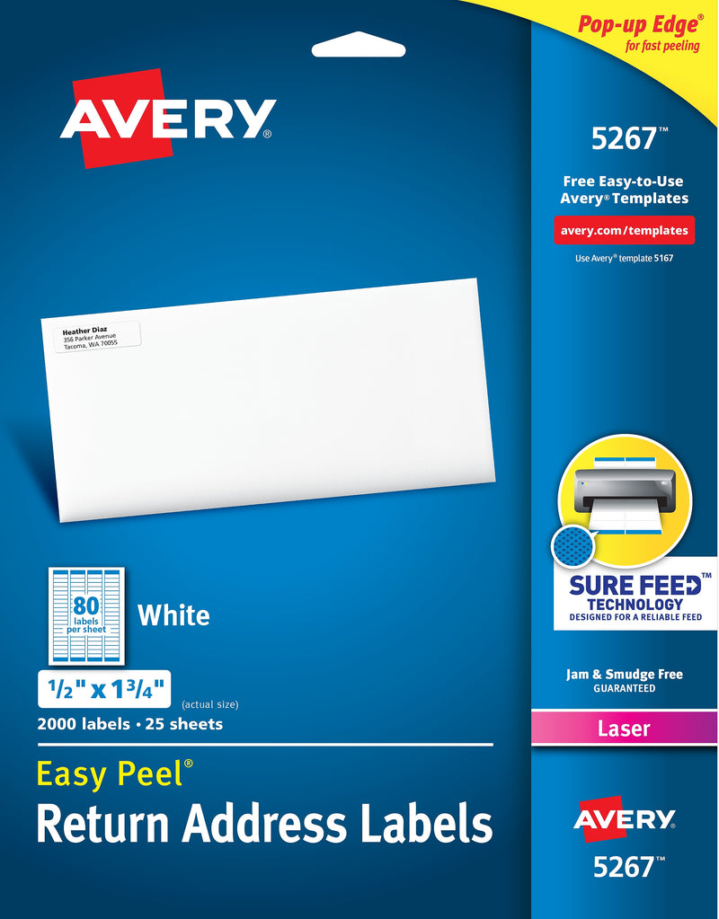Avery Easy Peel Laser Return Address Labels, 1/2" x 1-3/4", White, 2,000 Labels/Pack (5267)