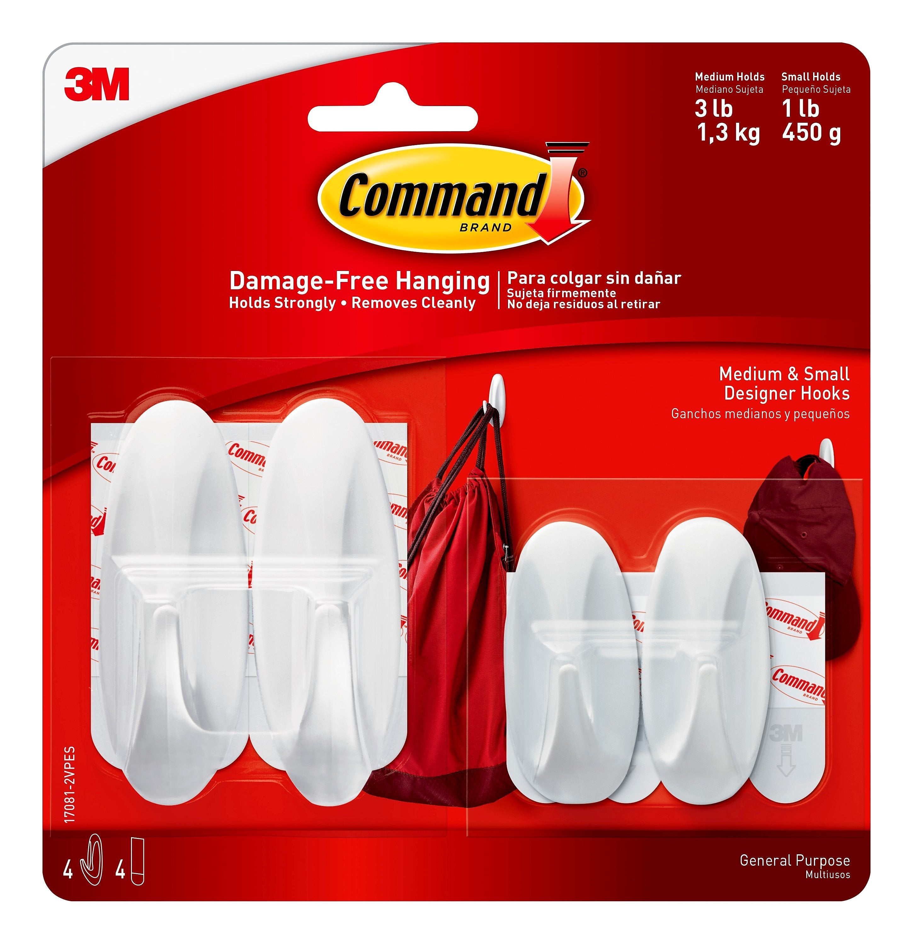 Command Assorted Hooks, 3 lb., White, 2-Small Command Hooks, 2-Medium Command Hooks, 2-Pairs (17081-2VPES)