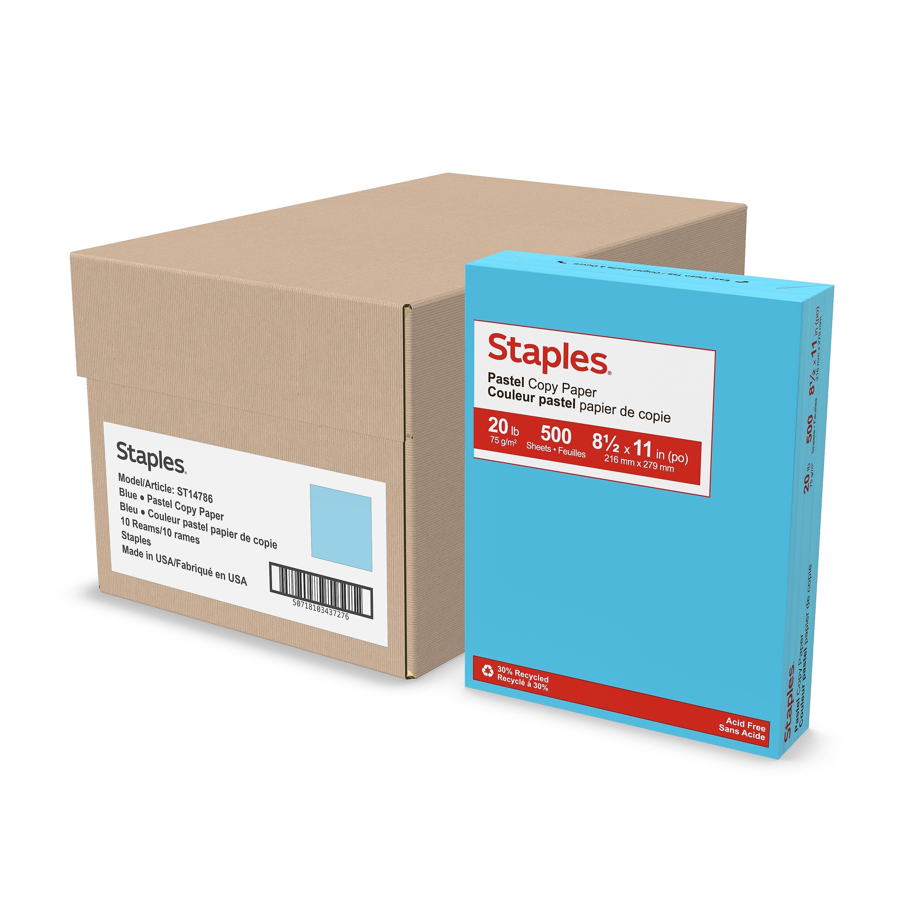 Staples Pastel 30% Recycled Color Copy Paper, 20 Lbs., 8.5" x 11", Blue, 5000/Carton (14786-AA)