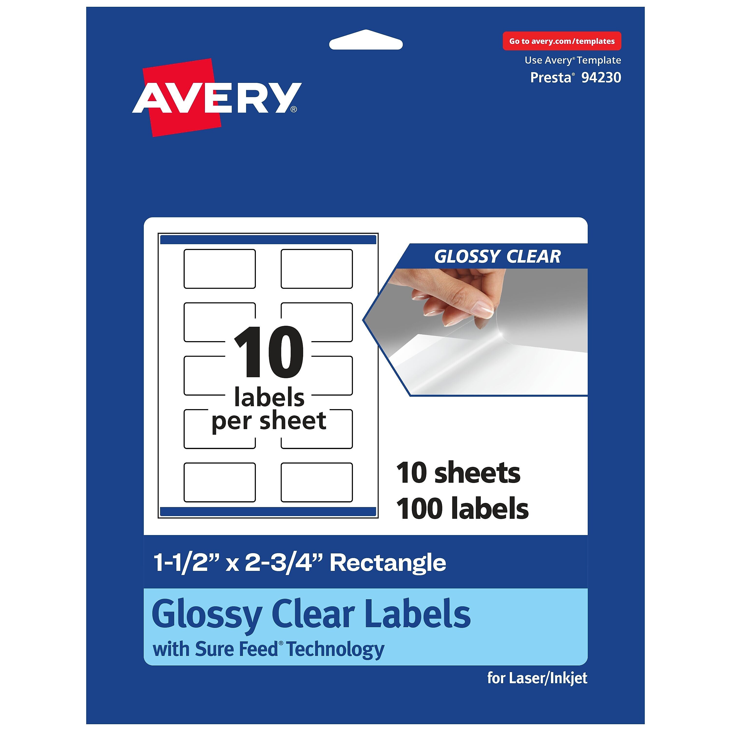 Avery Laser/Inkjet Rectangle Glossy Clear Labels, 1.5" x 2.75", Glossy Clear, 100 Labels/Pack (94230)