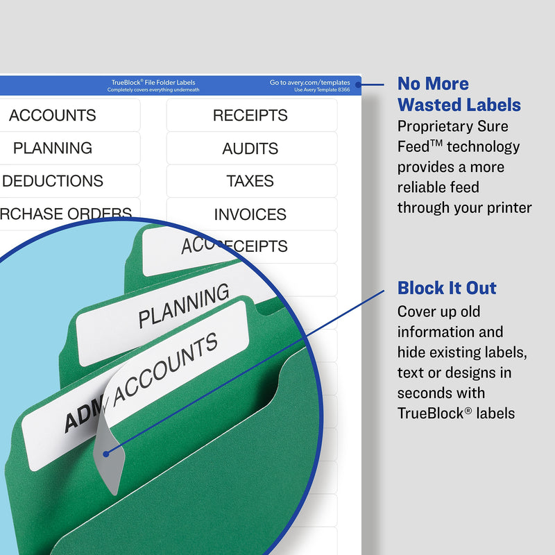 Avery TrueBlock Laser/Inkjet File Folder Labels, 2/3" x 3-7/16", White, 750 Labels/Pack (8366)