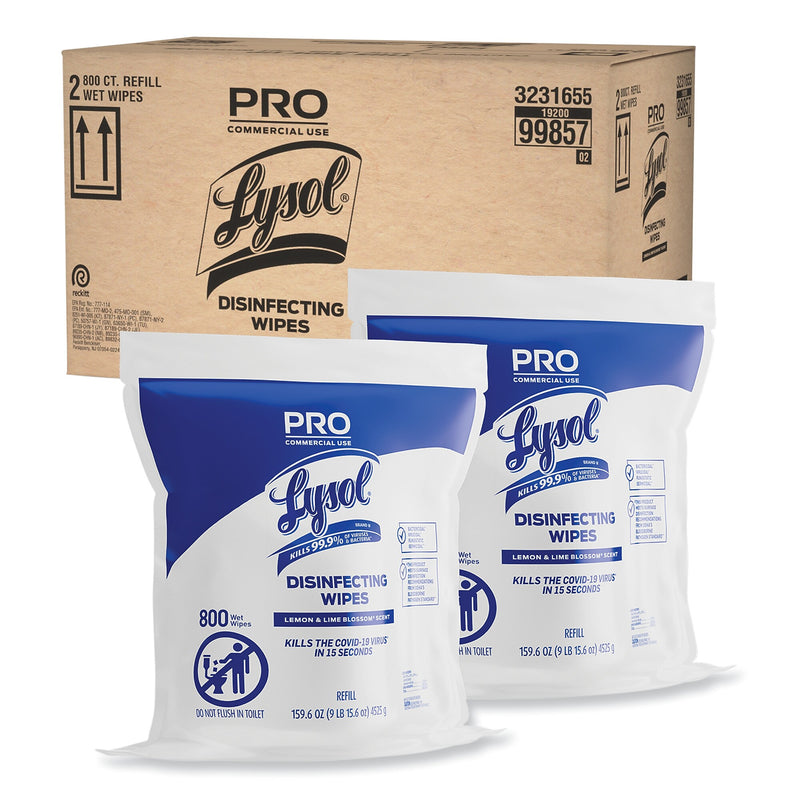 LYSOL Professional Disinfecting Wipe Bucket Refill, 1-Ply, 6 x 8, Lemon and Lime Blossom, White, 800 Wipes/Bag, 2 Refill Bags/CT