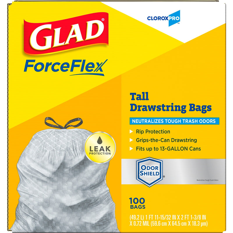 CloroxPro Glad ForceFlex 13 Gallon Tall Kitchen Trash Bag, 23.75" x 24.88", Low Density, .72 mil, Gray, 100/Box (70427)