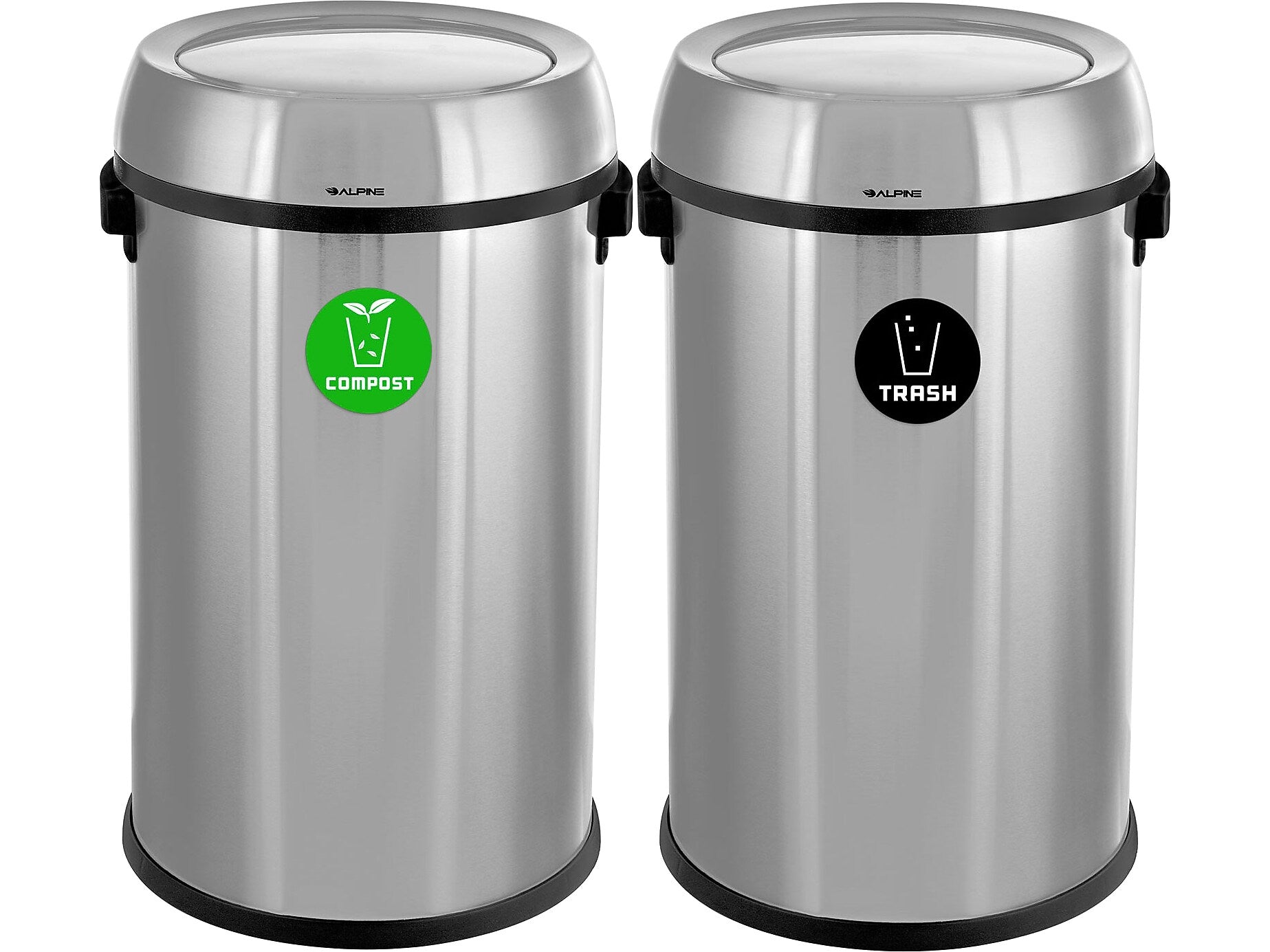 Alpine Industries Stainless Steel Indoor Compost and Trash Can with Swivel Lid, 34 Gallon, Silver, 2/Pack (ALP470-65L-1-CO-T)