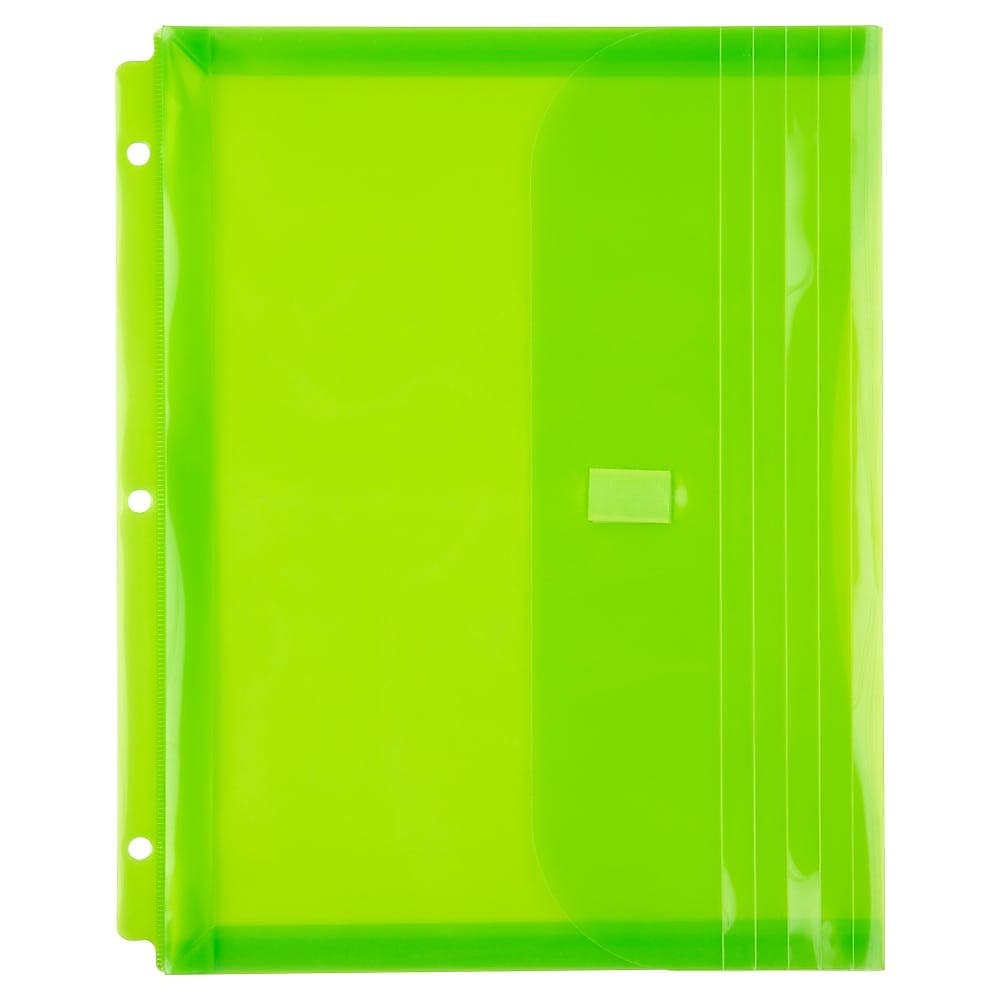 JAM Paper Plastic Binder Pocket, 3-Hole Punched, Lime Green, 3/Pack (218VB1LIMEX3)
