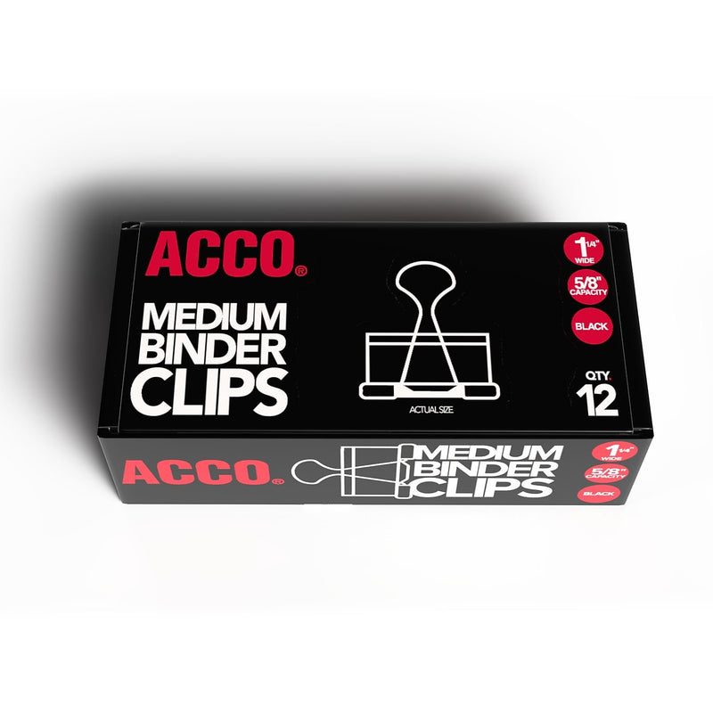 ACCO Medium Binder Clips, 0.63" Capacity, Black, 12 Clips/Pack (A7072050B)