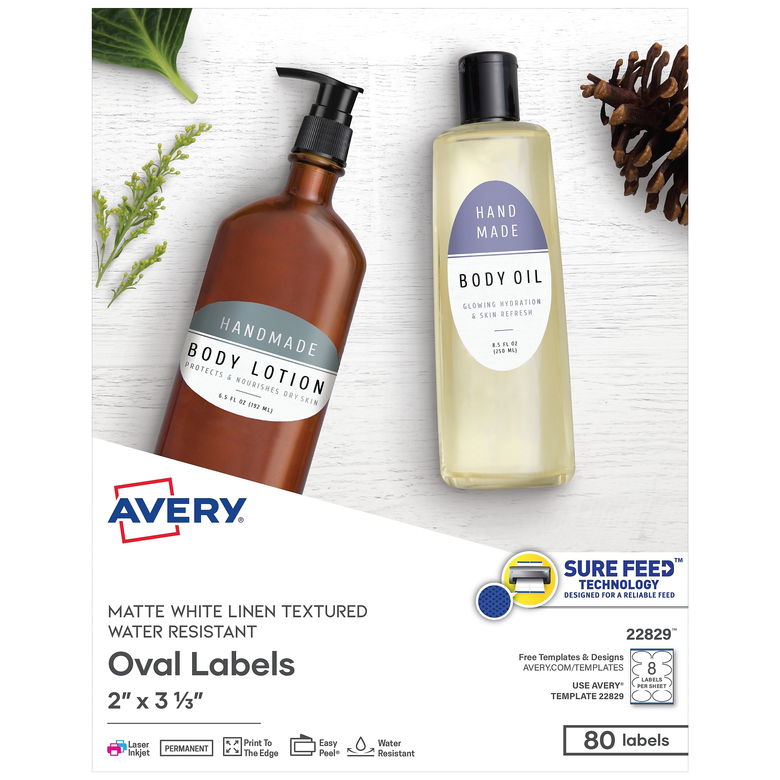 Avery Print-to-the-Edge Laser/Inkjet Oval Labels, 2" x 3-1/3", Textured White, 80 Labels/Pack (22829)