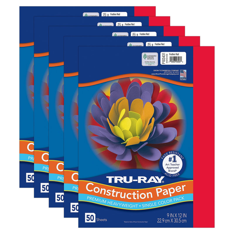 Tru-Ray 9" x 12" Construction Paper, Red, 50 Sheets/Pack, 5 Packs/Bundle (PAC103431-5)