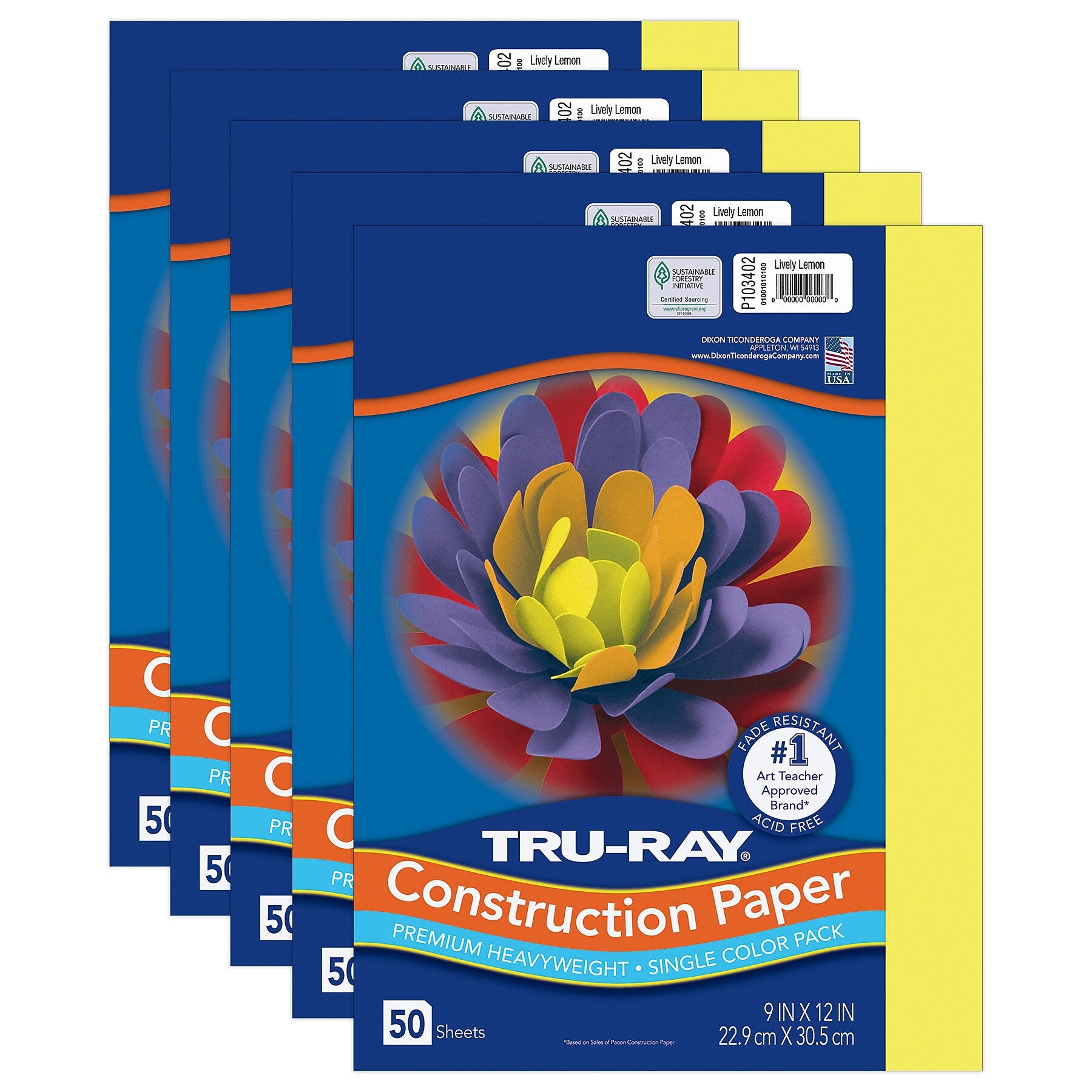 Tru-Ray 9" x 12" Construction Paper, Lively Lemon, 50 Sheets/Pack, 5 Packs/Bundle (PAC103402-5)