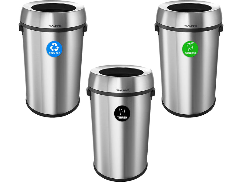 Alpine Industries Stainless Steel Recycling, Trash and Compost Station with Open Lid, 51 Gallon, 3/Pack (ALP470-65L-R-T-CO)