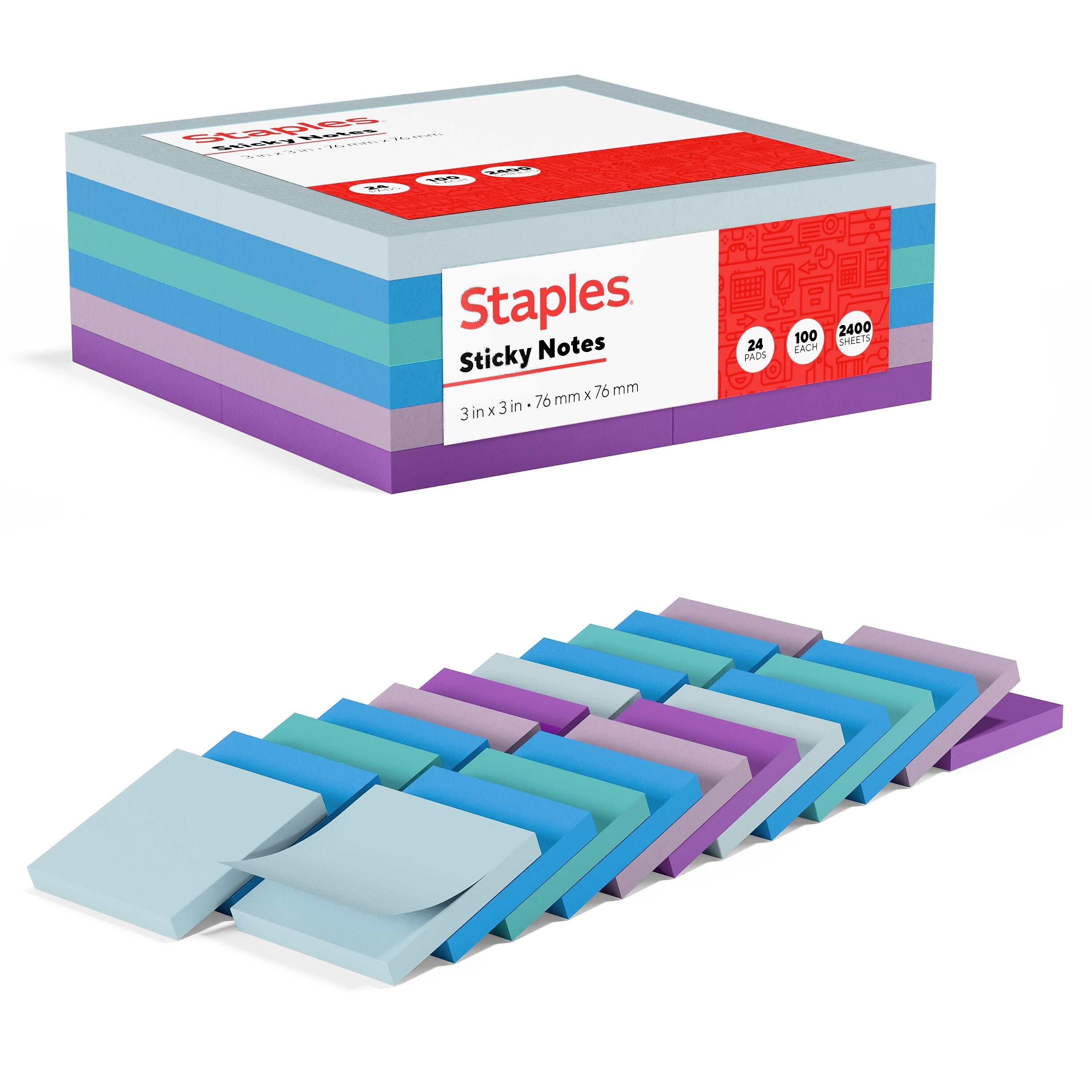 Staples Sticky Notes, 3" x 3", Marina Collection, 100 Sheets/Pad, 24 Pads/Pack (S-33WC24)
