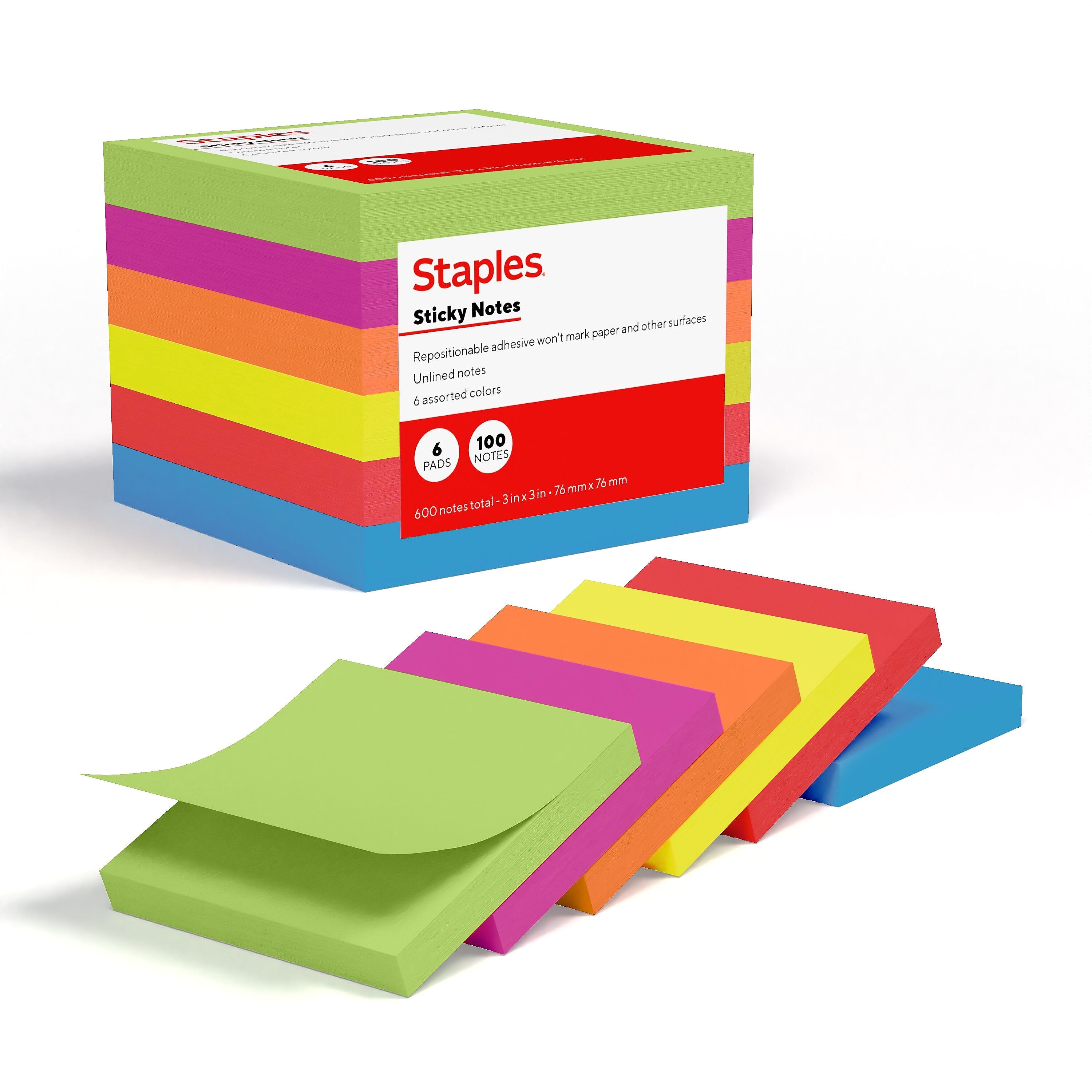 Staples Sticky Notes, 3" x 3", Summer Breeze Collection, 100 Sheets/Pad, 6 Pads/Pack (ST62867)