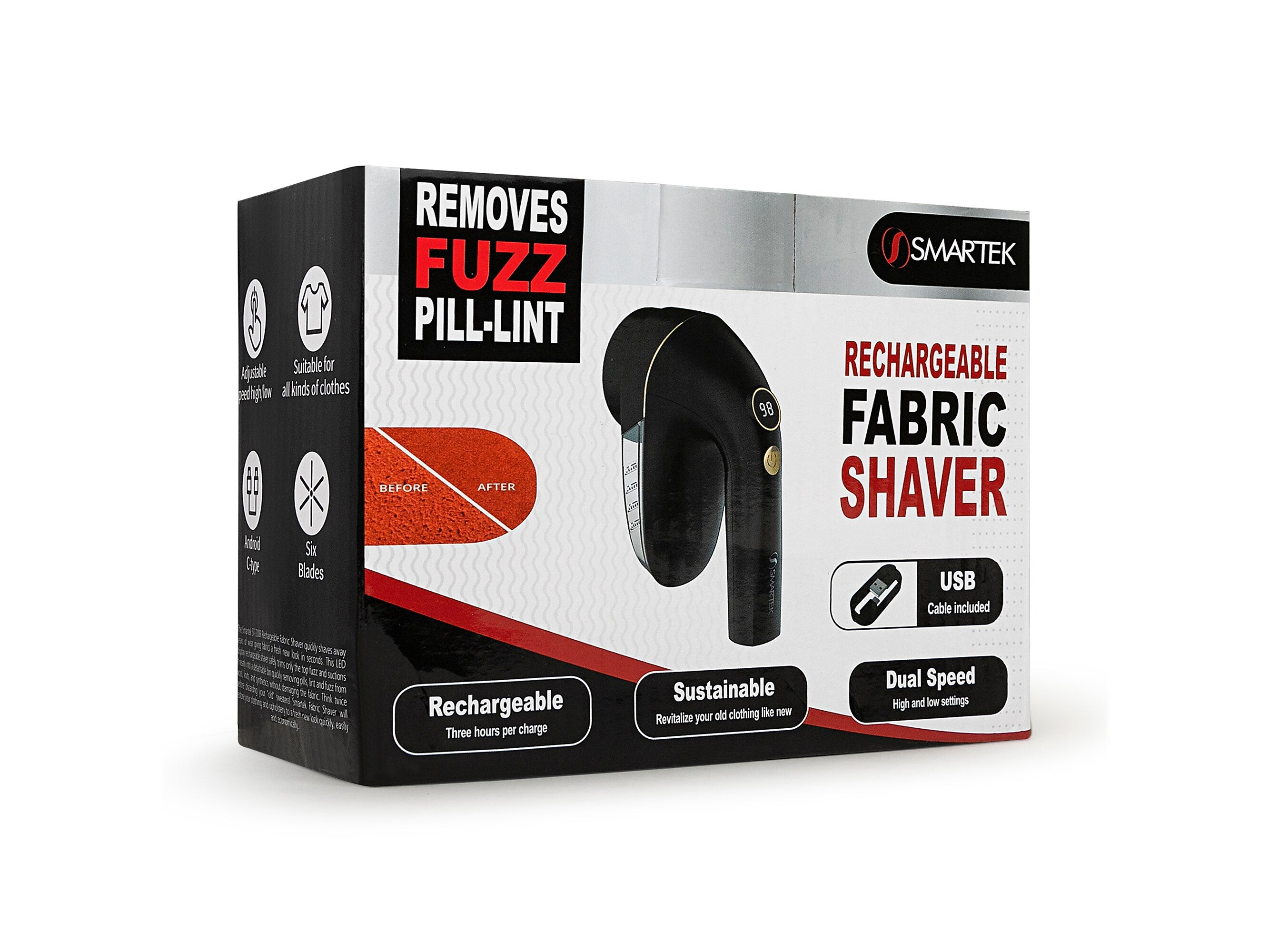 Smartek Rechargable Fabric Shaver, Black (ST-200R)