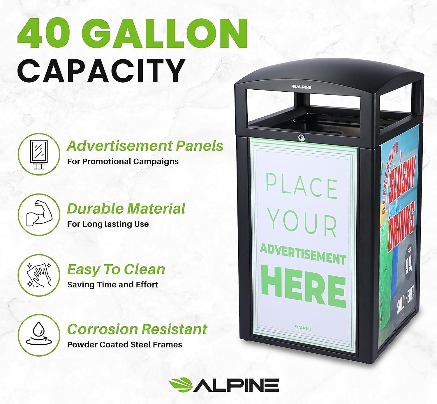Alpine Industries Steel Outdoor Trash Can with Covered Top Lid, 40-Gallon, Gray Stone (ALP471-40-GRYS-SGN)