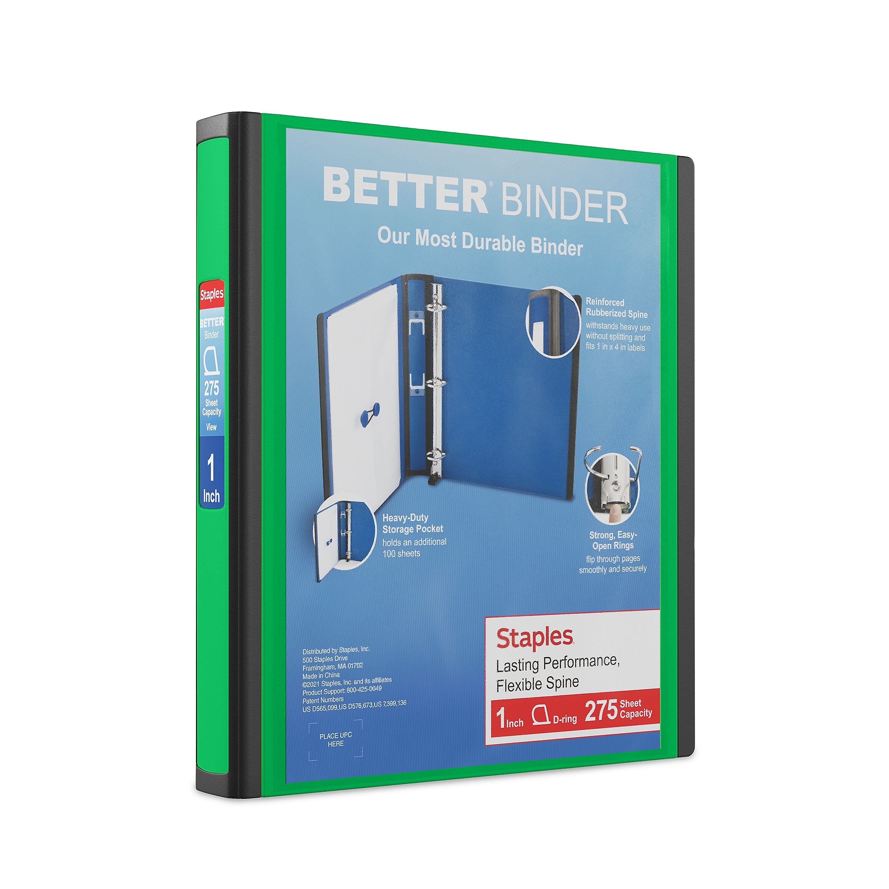 Staples 1" 3-Ring Better Binder, D-Ring, Green (ST55845-CC)
