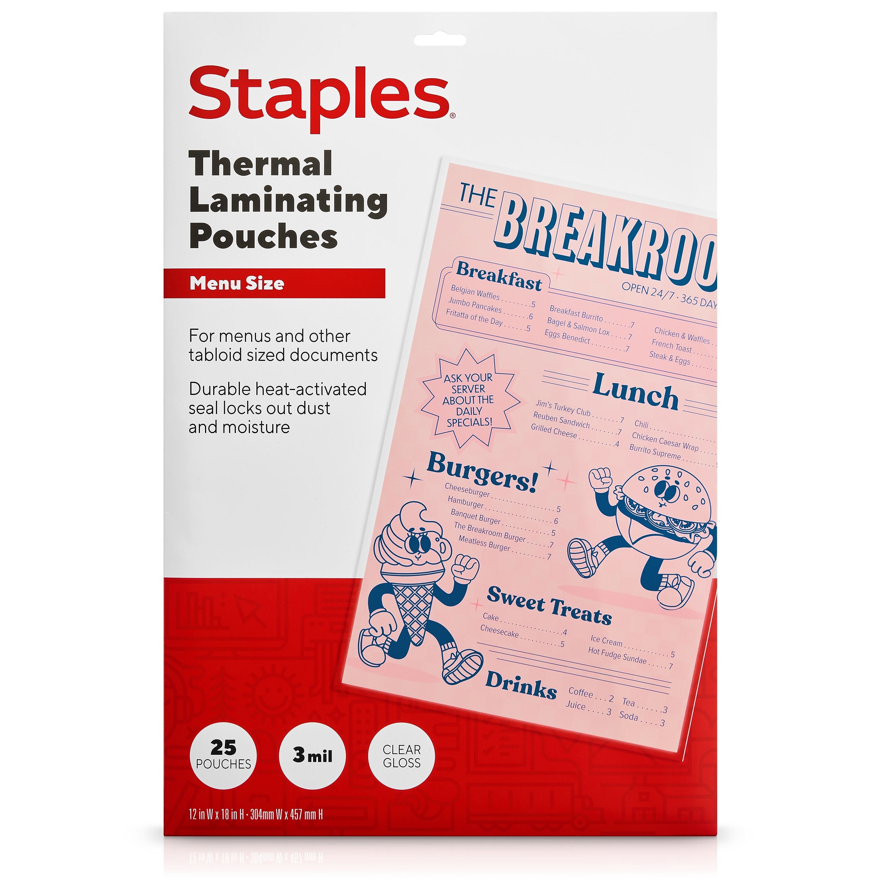 Staples Thermal Laminating Pouches, Menu Size, 3 Mil, 25/Pack (5201102/5201104)