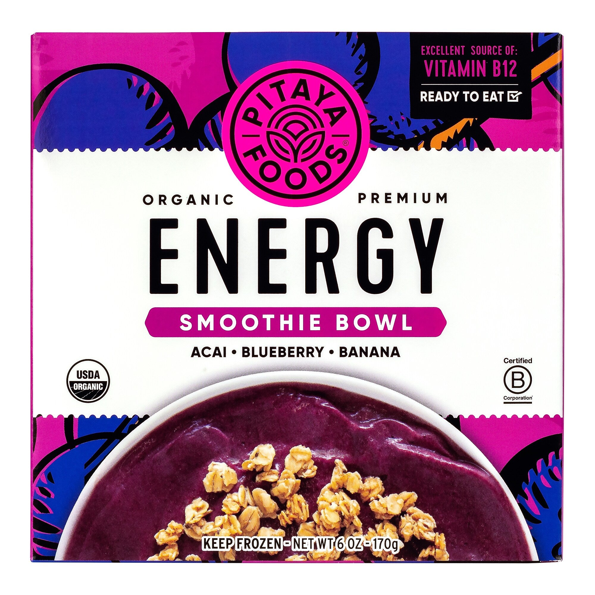 Pitaya Foods Organic Acai, Blueberry & Banana Acai Bowl, Energy, 6 oz, 6/Pack (220-02481)