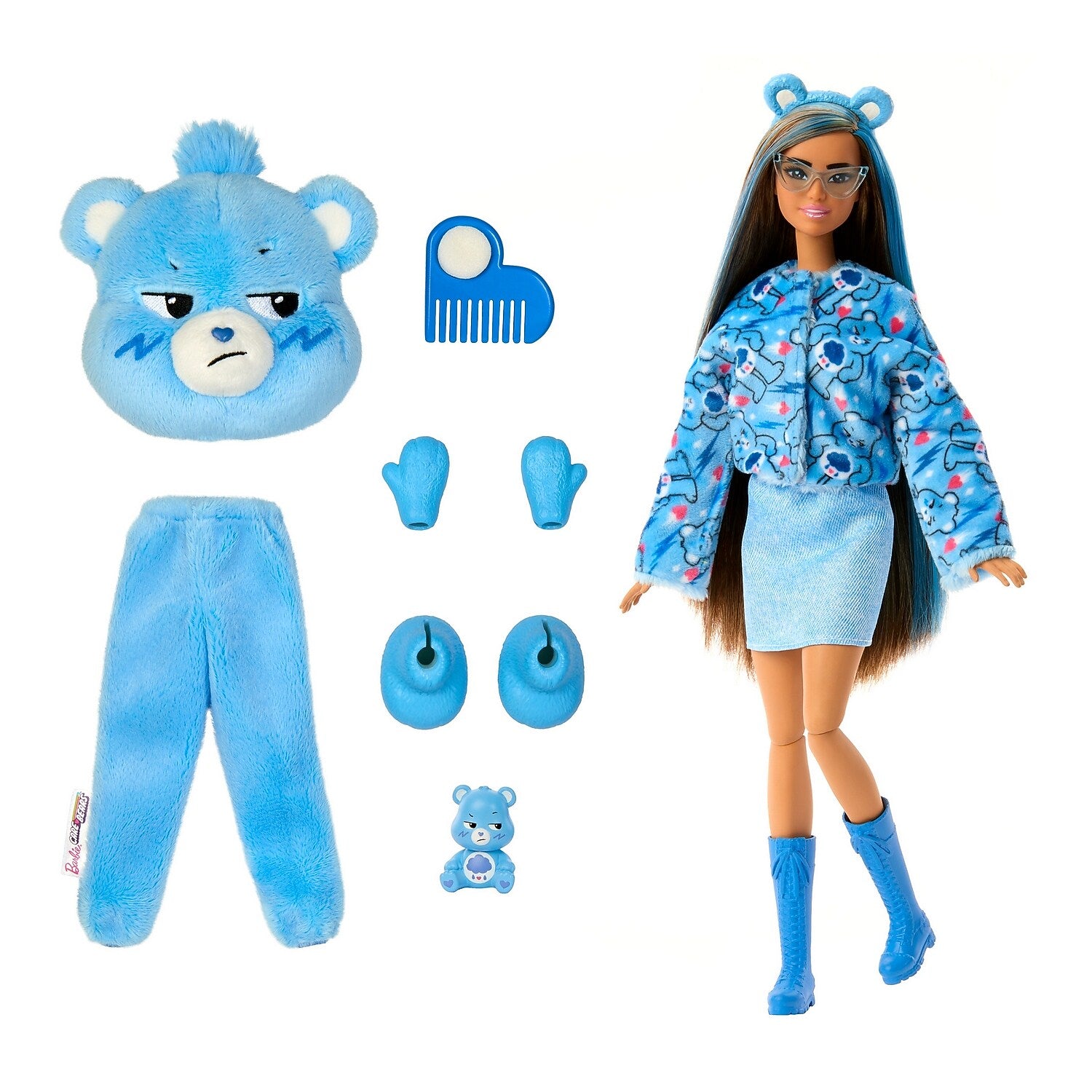Mattel Barbie Cutie Reveal Care Bears Series Doll, Grumpy Bear Plush Costume, Blue (JCN96)