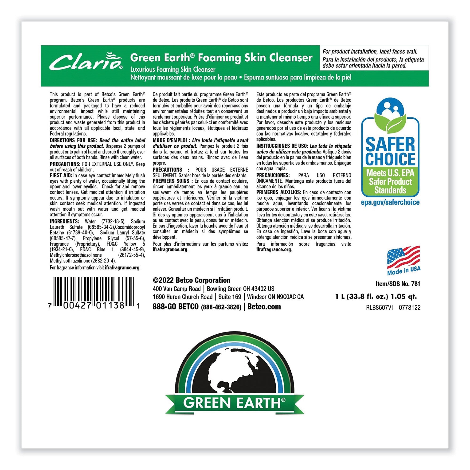 Betco Green Earth Foaming Hand Soap Refill, Fresh Meadow, 1,000 mL Refill, 6/Carton (BET7812900)