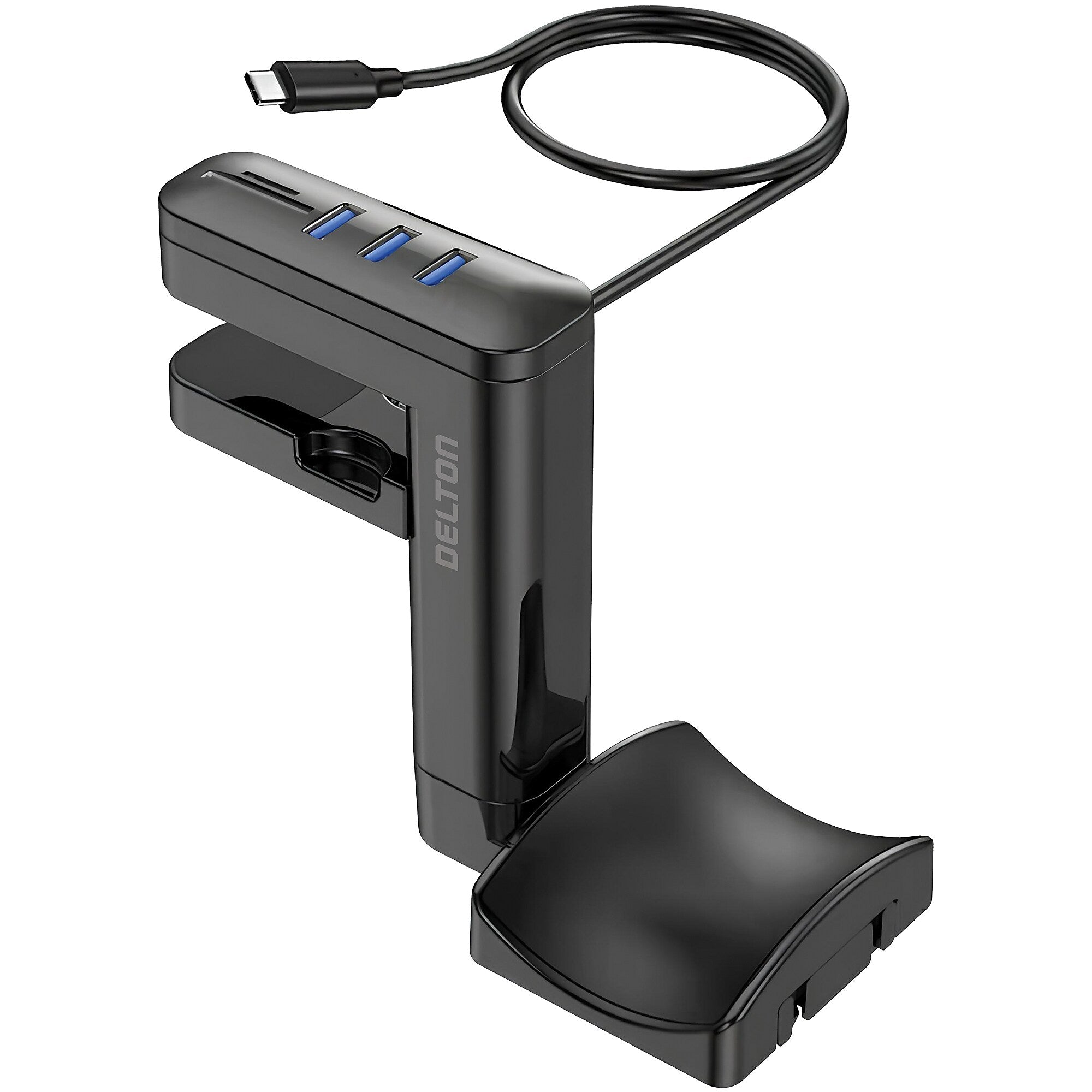 Delton HS7 Headset Stand with Under-Desk Holder and 3 USB-A Ports, Black (DHS3USB)