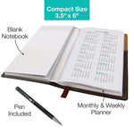 2026 Global Printed Products 3.5" x 6" Weekly & Monthly Planner, Faux Leather Cover, Black/Brown (NRY26-PKT-BN-P)