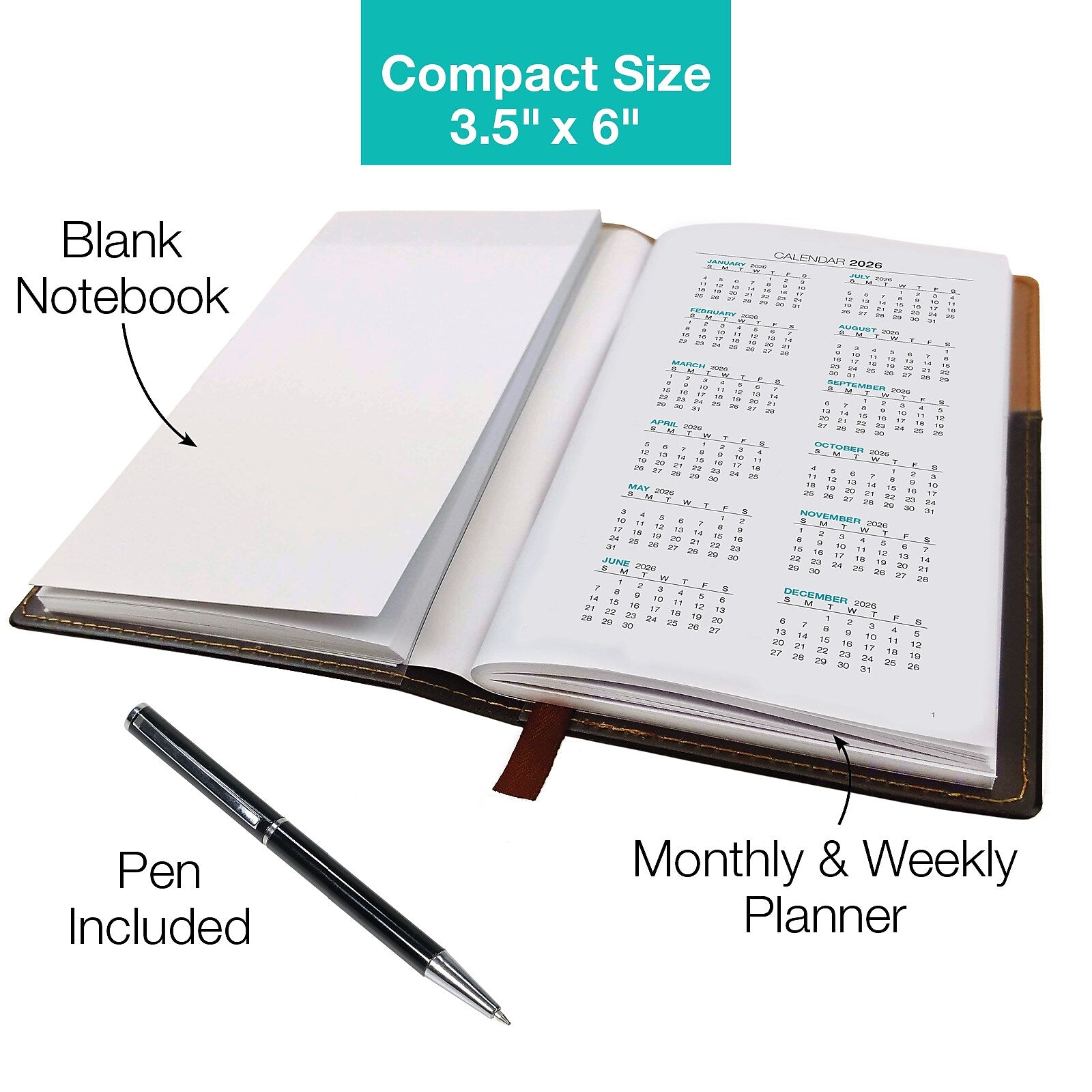 2026 Global Printed Products 3.5" x 6" Weekly & Monthly Planner, Faux Leather Cover, Black/Brown (NRY26-PKT-BN-P)