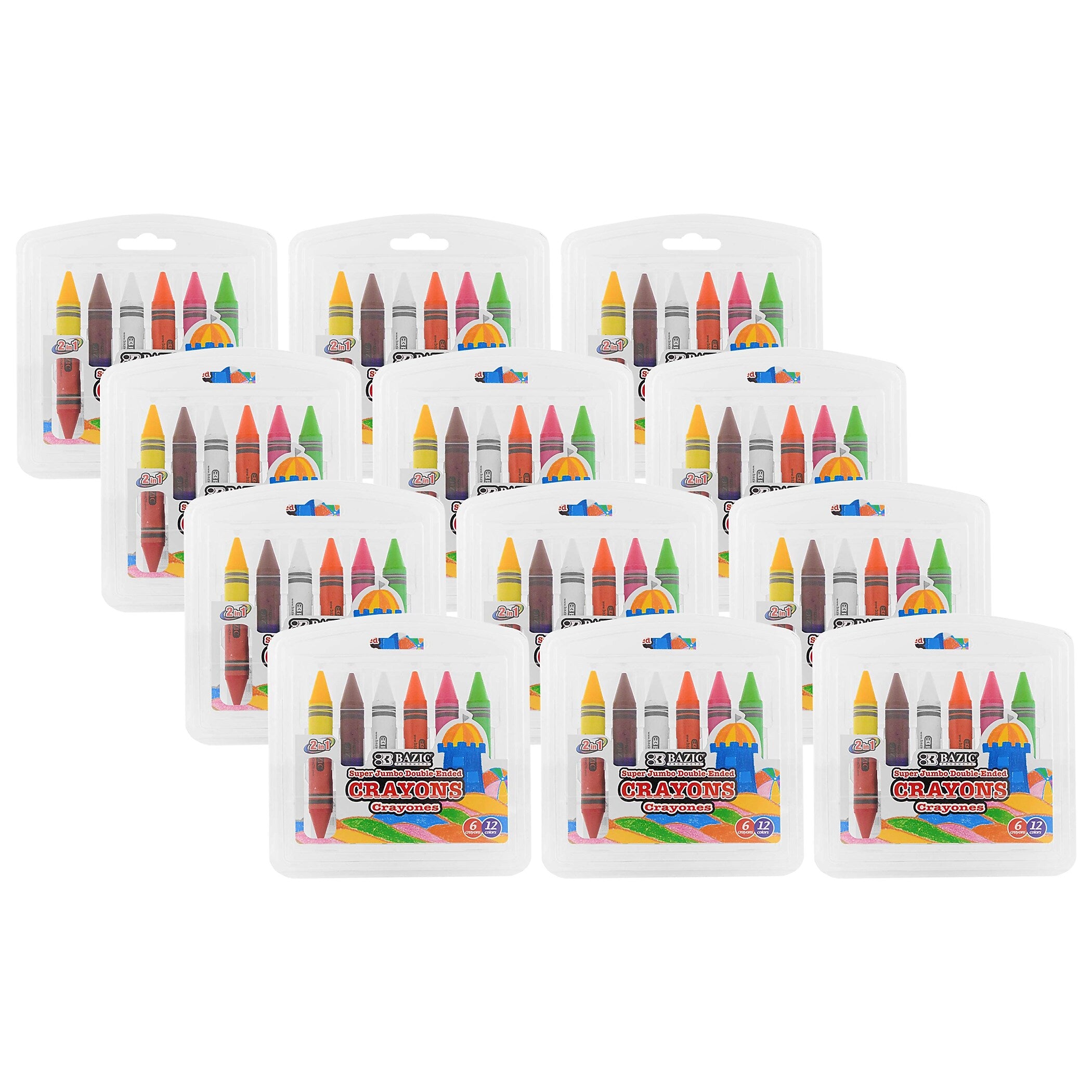 Bazic Double-Ended Jumbo Crayons, Assorted Colors, 6/Pack, 12 Packs/Bundle (BAZ2520-12)