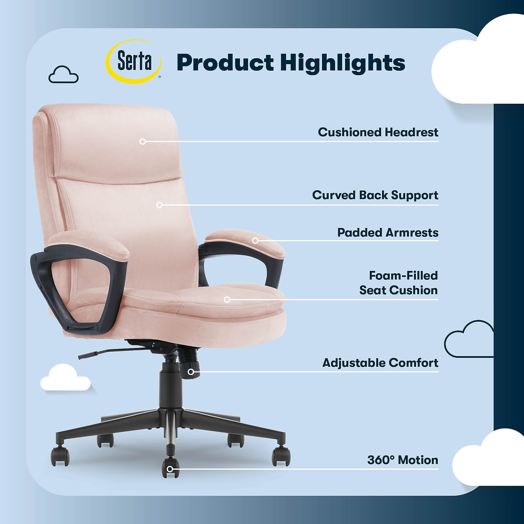 Serta Comfort Ergo Ergonomic Velvet Fabric Swivel Executive Chair, Pink (CCHR10016D)