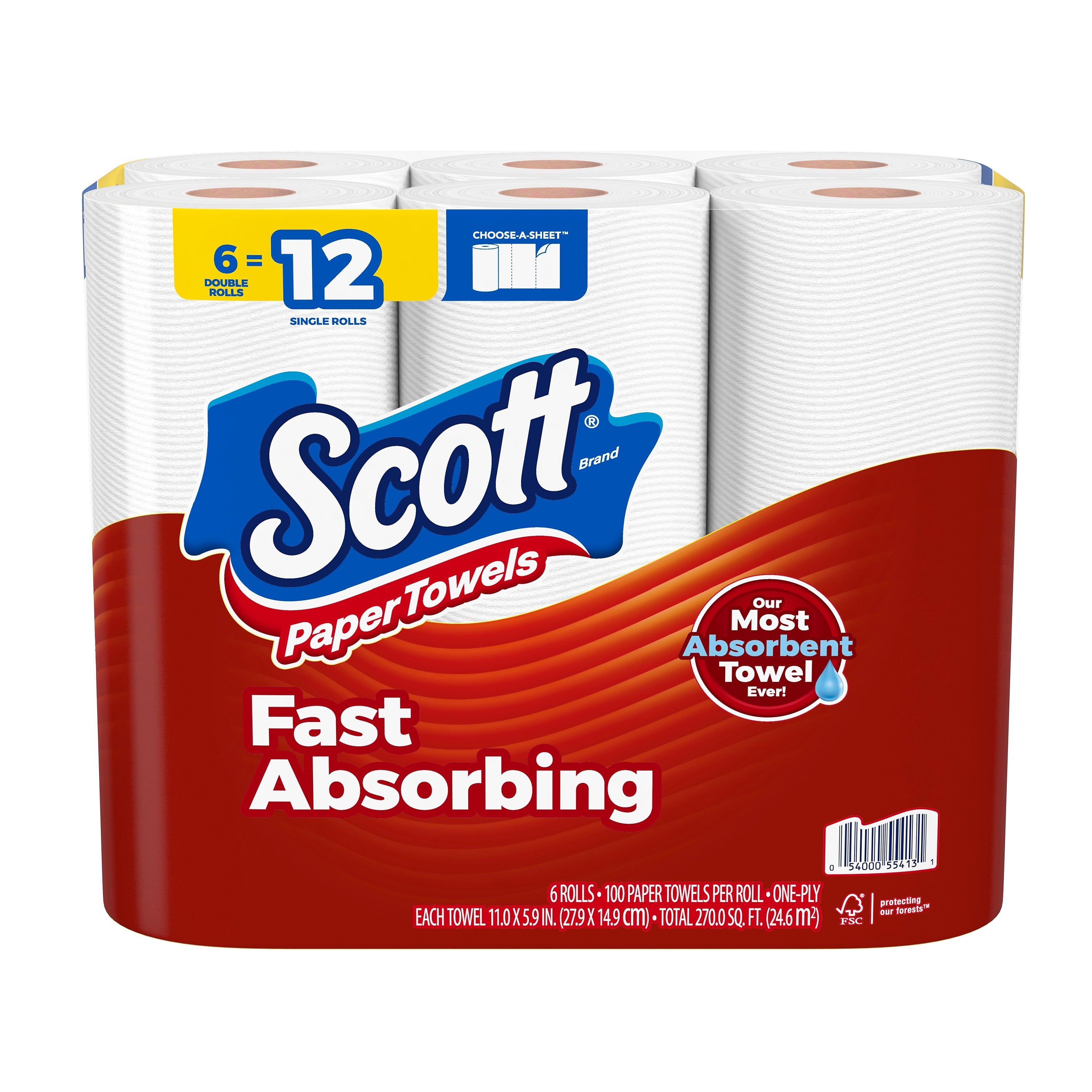 Scott Choose-A-Sheet Double Roll Paper Towels, 1-ply, 102 Sheets/Roll, 6 Rolls/Pack (16447/55413)