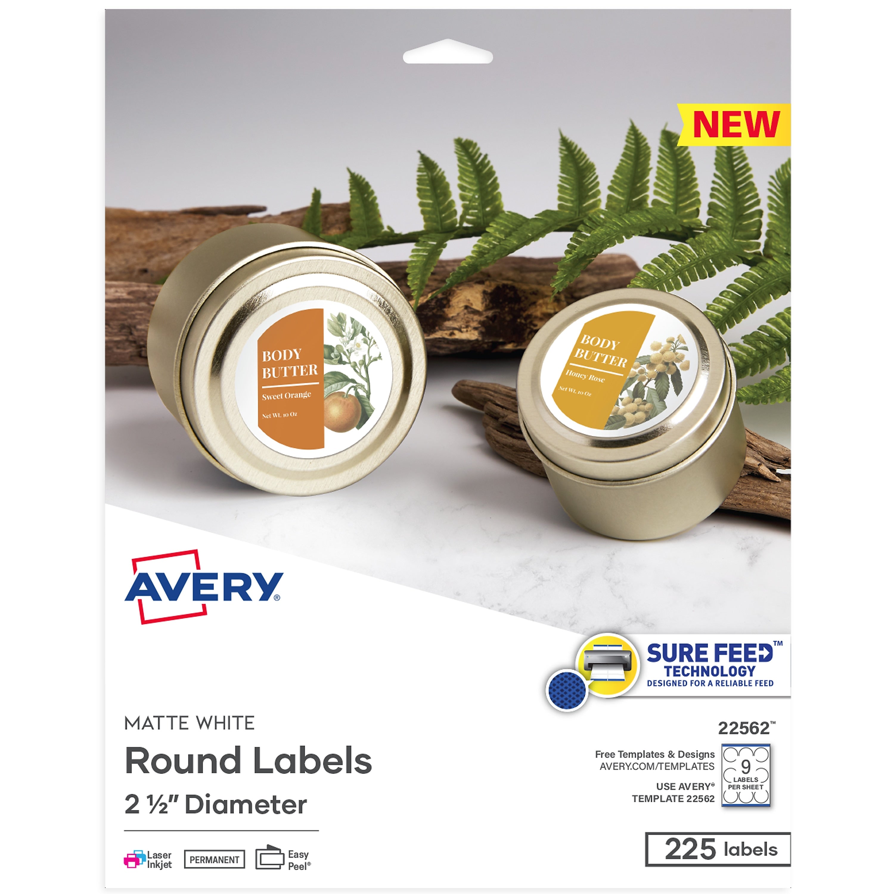 Avery Print-to-the-Edge Laser/Inkjet Round Labels, 2 1/2" Dia, White, 225 Labels/Pack (22562)