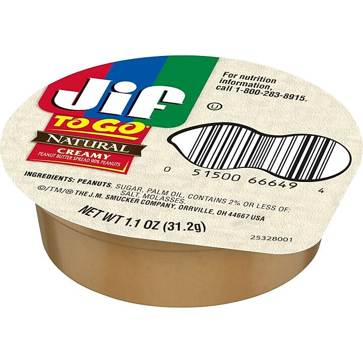 Jif To Go Natural Creamy Peanut Butter, 1.1 oz., 8/Box, 6 Boxes/Case (SMU99266)