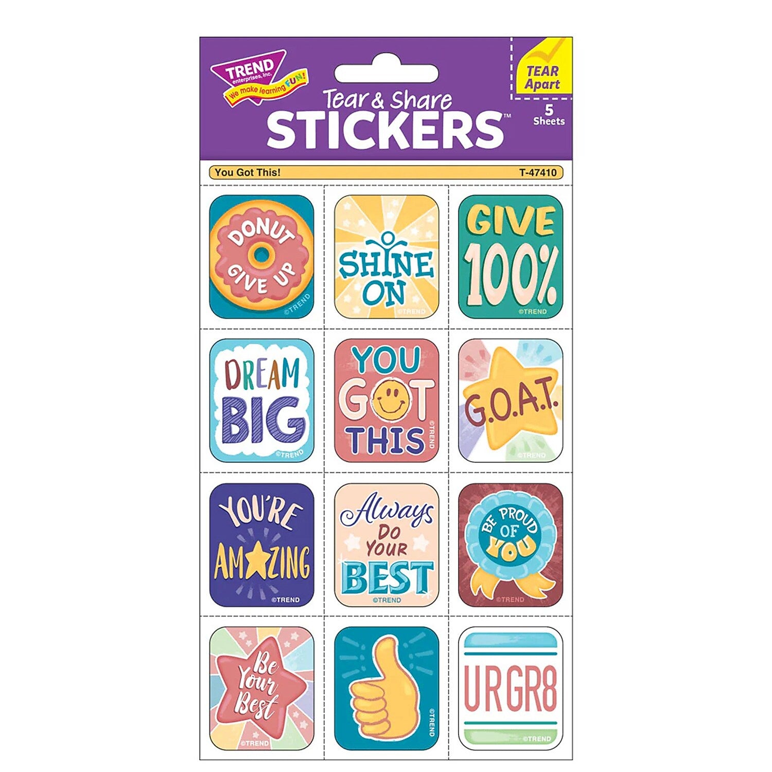 Trend Enterprises You Got This! Tear & Share Stickers, Multicolored, 60/ Pack, 6/Packs/Bundle (T-47410-6)